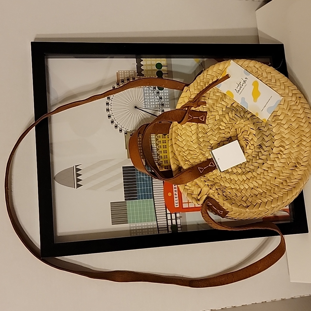 NWT Madewell Indigo Lavender Palm Leaves Leather Strap Handles Round Purse Bag